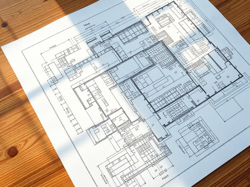 Architectural blueprints on a wooden table