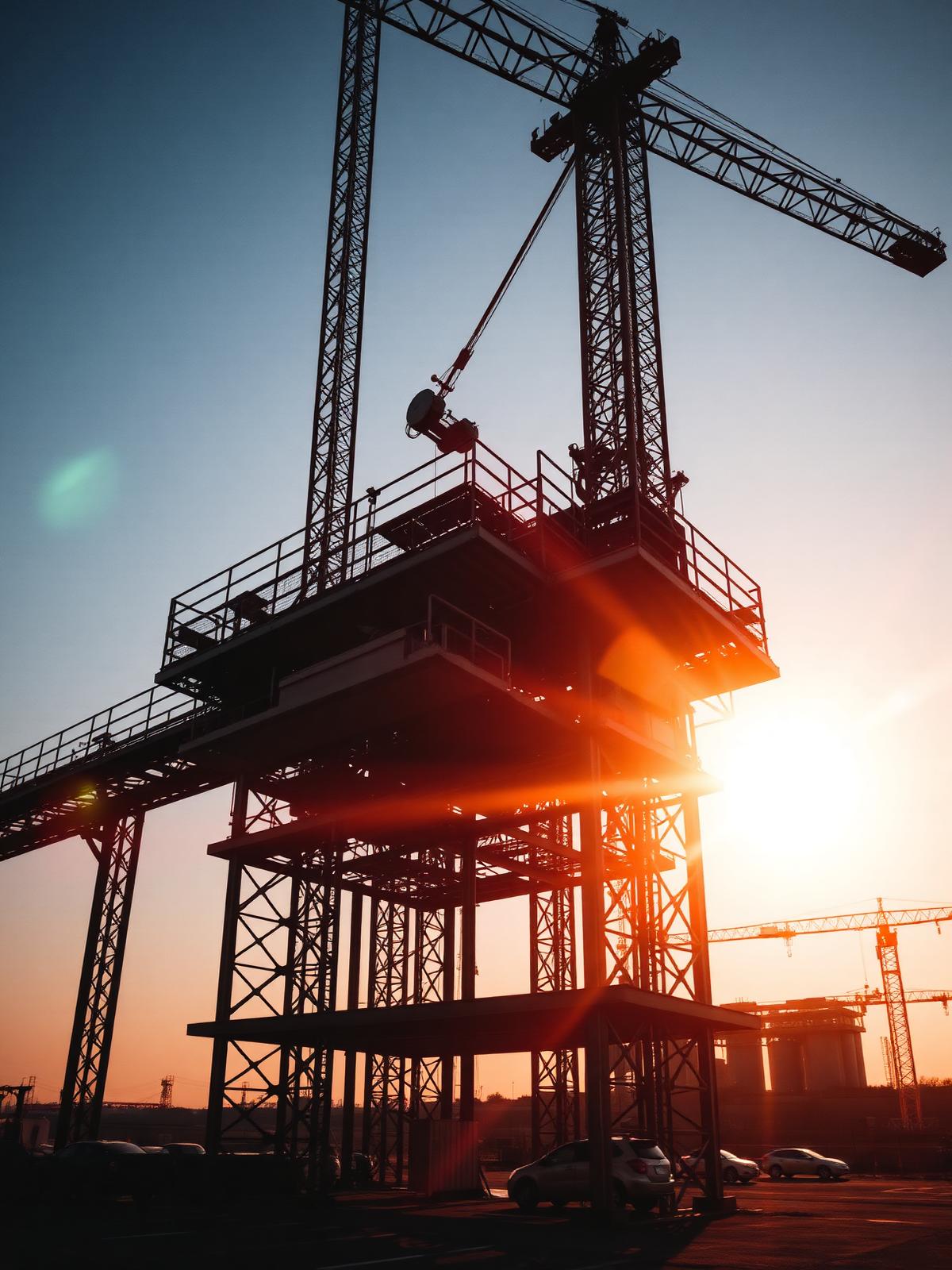 Silhouette of construction cranes against a sunset sky